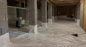 Image of an encapsulated crawlspace with a dehumidifier and sump pump